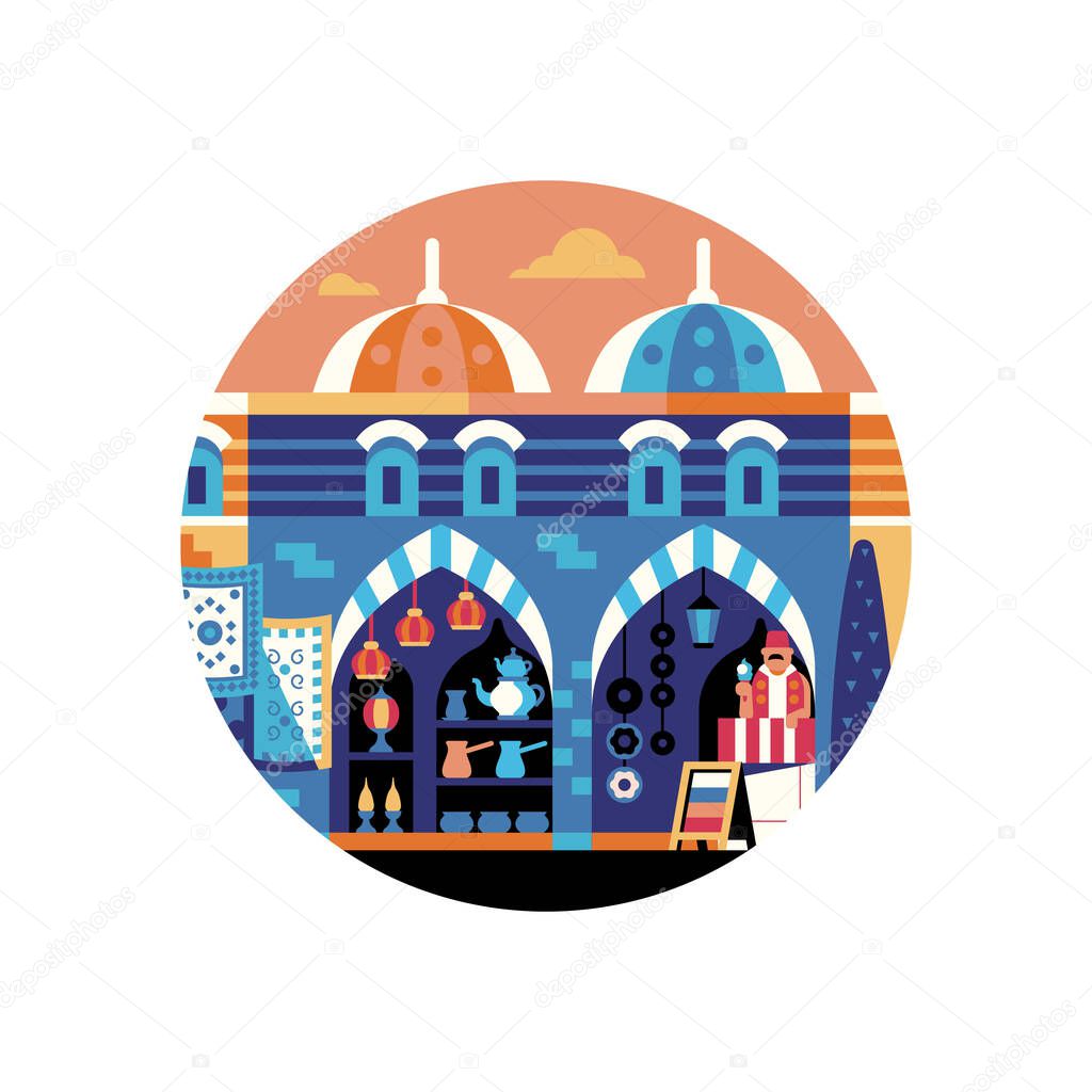 Travel Istanbul Egypt bazaar inspired geometric icon with flea turkish market or Morocco souvenir store with street vendor selling eastern goods.