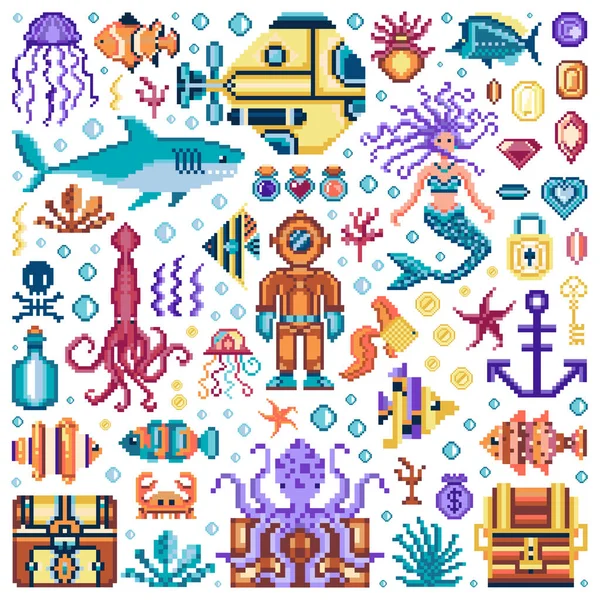 Pixel Underwater World Retro Game Sprites Set — Vector de stock