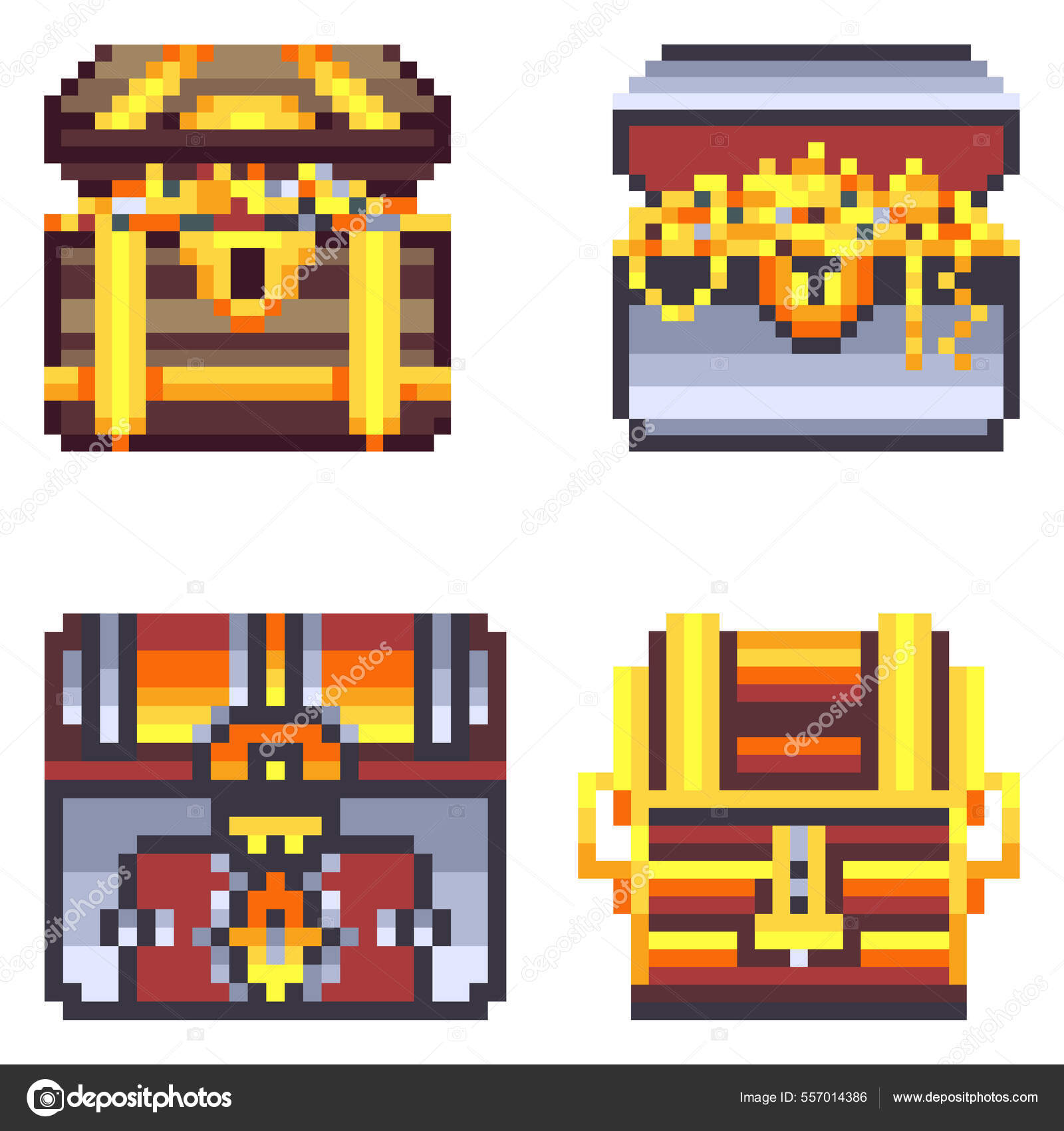 Pixel Art RPG Treasure Chest In 8 Bit Style Векторное Изображение.