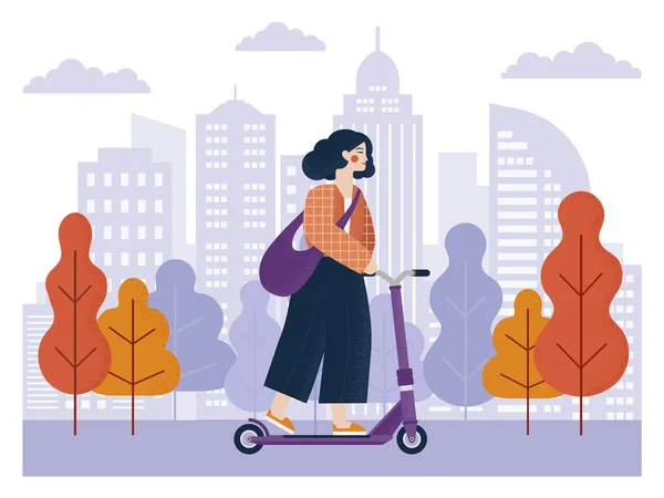 Girl Riding Kick Scooter in City Park — Stock Vector