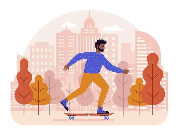 Black Man Riding Skateboard in City Park —  Vetores de Stock