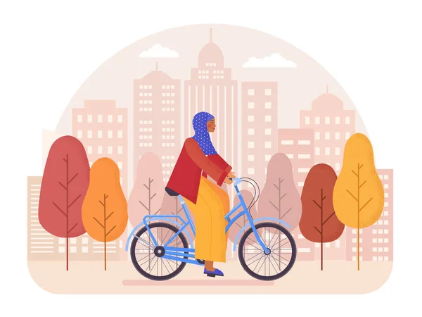 Woman in Hijab Riding Bicycle in City Park — Stock Vector