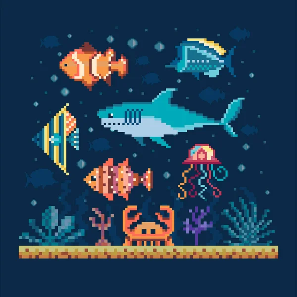 Pixel ψάρια τέχνης στο βυθισμένο υποβρύχιο τοπίο — Διανυσματικό Αρχείο