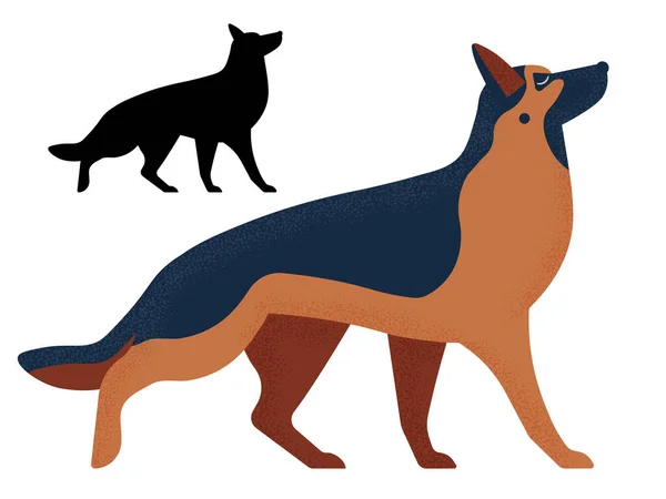 Raza de perro pastor alemán en dibujos animados y contorno — Vector de stock