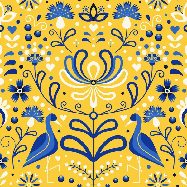 Slavic Floral Folk Ukraine Pattern with Cranes — Vetor de Stock