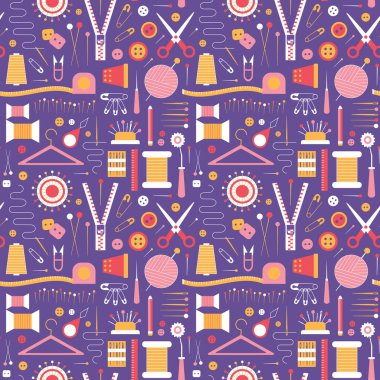 Gerekli aksesuar ve malzeme desenlerini dikiyorum. İzler, tekstil ve kumaş tasarımları için dikişsiz arka plan üzerinde hobi el işi seti ve kanalizasyon araçları.