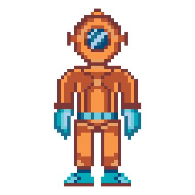 Pixel sanat eseri, 8 bit oyun için derin deniz dalgıcı karakteri. Eski su giysisi ve kaskıyla Retro scuba dalgıcı.