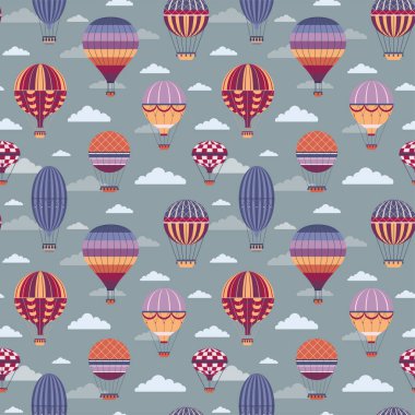 Bulutlarda yüzen klasik sıcak hava balonları. Renkli uçak macerası. Retro gaz balonu tasarımı. Parmak izi, tekstil ve kumaş tasarımı için pürüzsüz bir arkaplan.