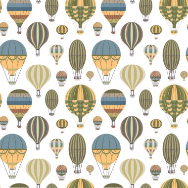 Klasik sıcak hava balonu desenleri. Renkli uçak macerası, retro çizgili gaz balonu tasarımı. Parmak izi, tekstil ve kumaş tasarımı için pürüzsüz bir arkaplan.