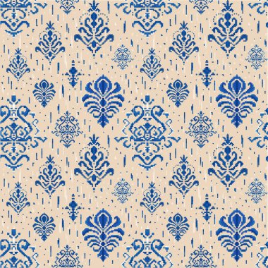 Piksel sanat Damask süsüsüyle klasik renklerde kusursuz desen. Orta Çağ 'dan kalma yeniden işlenmiş etnik süslemeler, duvar kağıtları, baskılar, tekstil ve kumaş tasarımı için eski Suriyeli yinelenen arka plan.