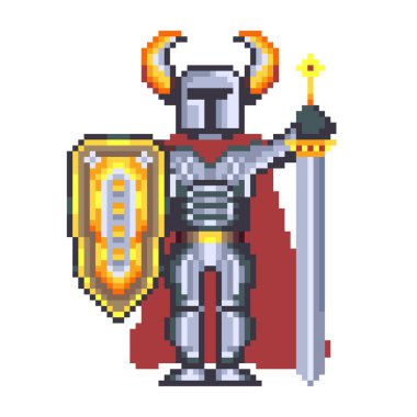 Boynuzlu miğferli sanat şövalyesi elinde kılıç ve kalkan tutuyor. 8 bit RPG fantezi video oyunu için zırhlı kahraman.