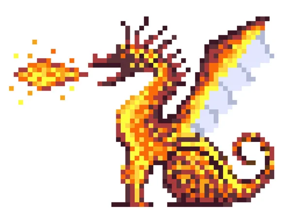Pixel Arte Fuego Respiración Alada Dragón Breating Con Fuego Para — Vector de stock