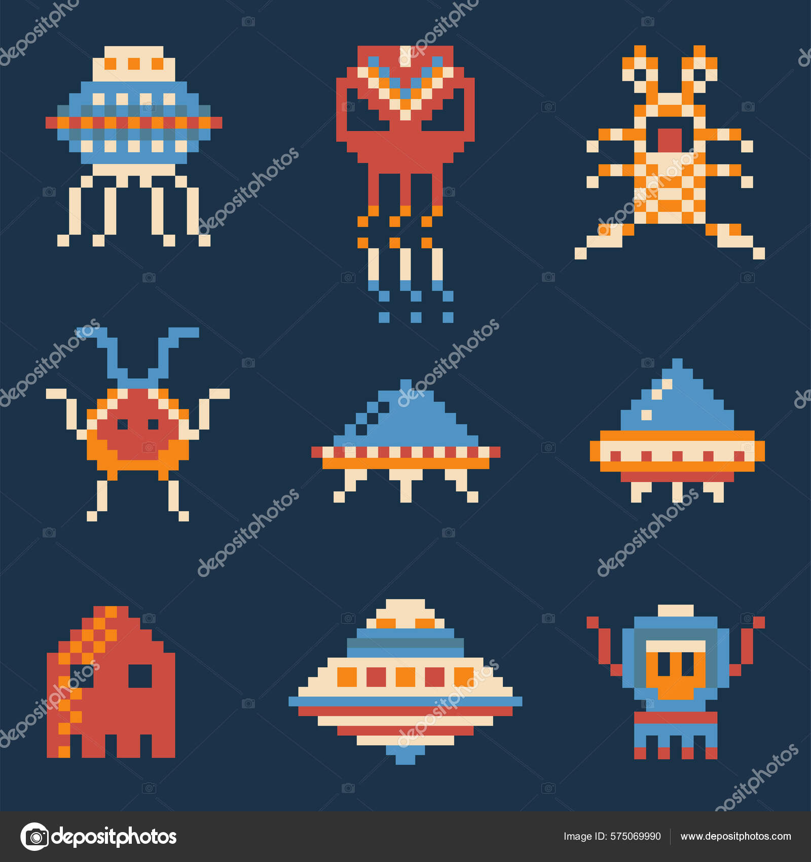 Pixel Art Vintage Space Game Ufo Invaders Flying Saucers Aliens Stock Vector  by ©krugli86@gmail.com 575069990