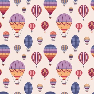 Klasik sıcak hava balonu desenleri. Renkli uçak macerası, retro çizgili gaz balonu tasarımı. Parmak izi, tekstil ve kumaş tasarımı için pürüzsüz bir arkaplan.