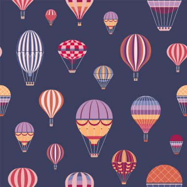 Klasik sıcak hava balonu desenleri. Renkli uçak macerası, retro çizgili gaz balonu tasarımı. Parmak izi, tekstil ve kumaş tasarımı için pürüzsüz bir arkaplan.