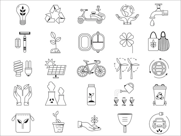 Sustainable Living Planet Resources Saving Eco Icons Line Art Earth — Stock Vector