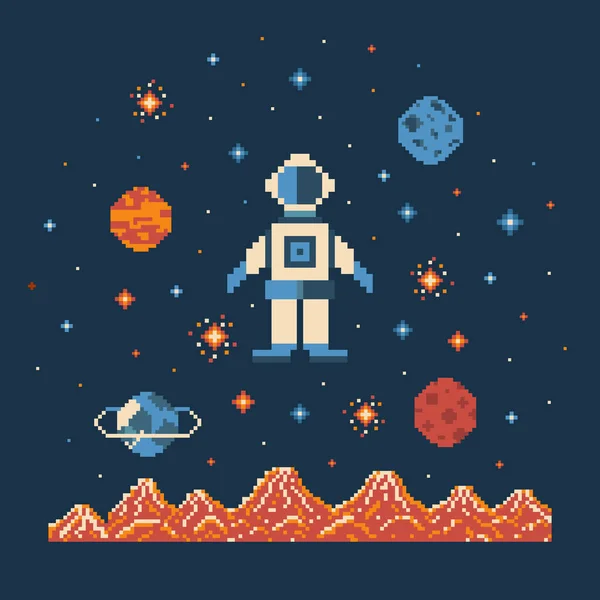 Astronaute Pixel Art Dans Espace Avec Des Étoiles Des Planètes — Image vectorielle