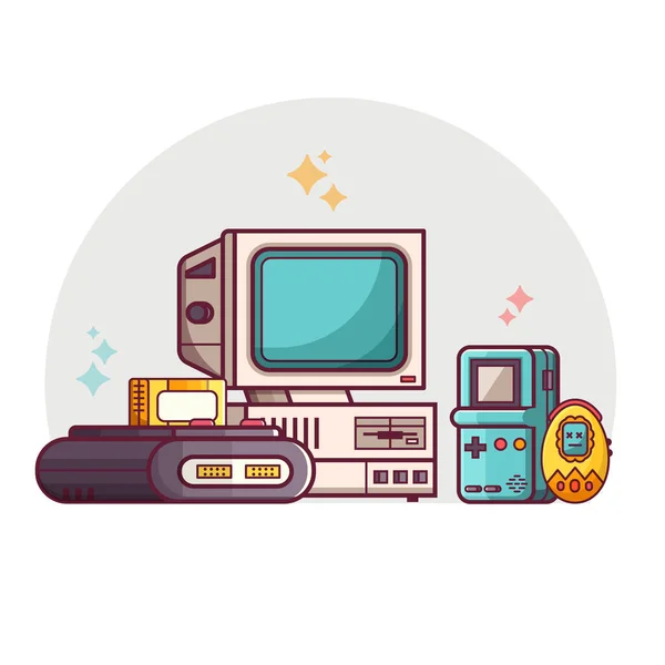 Vintage 90S Technology Scene Nineties Multimedia Electronic Entertainment Gadgets Old — Stock Vector