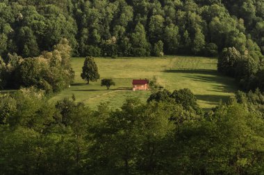 Ağaçlık dağlara karşı yeşil çayır üzerinde küçük bir kır evi. Balkan manzarası, Sırbistan 'ın kırsal kesiminde resim gibi bir manzara. Dağ vadisinde kiremitli çatısı olan çiftlik. Ormanla çevrili..