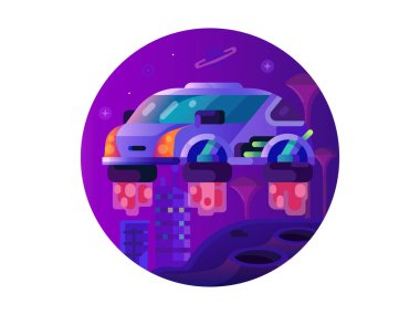 Gelecekçi şehir manzarasında gelecekçi uçan araba. Gelecekten gelen robotik bilim kurgu otonomik araç. Robot oto-sürücü makine uzay kolonisi simgesi.