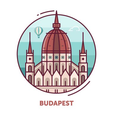 Hungurian parlamento binasından esinlenerek Budapeşte 'yi gezin. İnce çizgili Macaristan turizm merkezi çizgisi daire şeklinde sanat amblemi.
