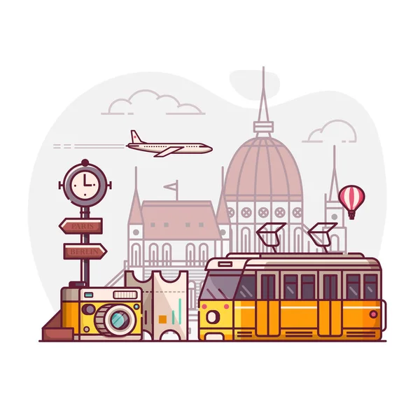 Travel Budapest Tourist Scene Parliament Building Yellow Tram Camera Balloon — Stock Vector