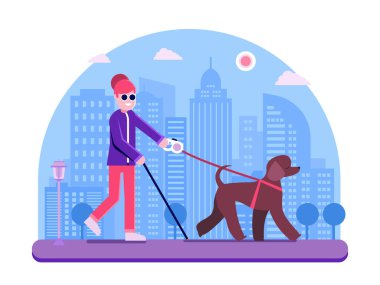 Blind woman walking with guide dog in city. Brown poodle leading blind lady across the street. Cheerful girl with cane and leader dog strolls down street with skyscrapers.