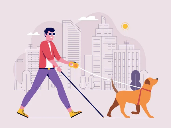 Blind Man Walking Guide Dog City Labrador Retriever Leading Blind —  Vetores de Stock