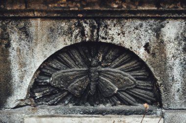 December, 26, 2017 - Vienna, Austria. Old headstone with engraved moth symbol, close view. Funerary art in abandoned european cemetery. Aged gravestone with butterfly in Saint Marx Cemetery graveyard.