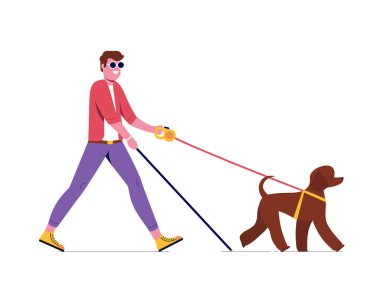 Blind man walking and leading by guide dog. Cheerful guy with cane and leader poodle dog isolated on white background.