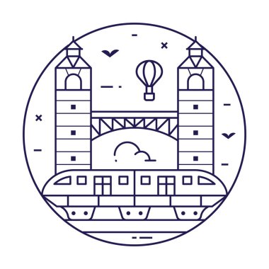 Singapore Sentosa park island inspired circle icon or emblem with monorail in line art style. Asian modern architectural landmark and famous symbol.