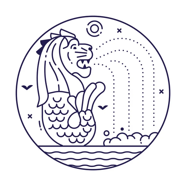 Singapore Lion Fountain Inspired Circle Icon Emblem Line Art Style — Stok Vektör