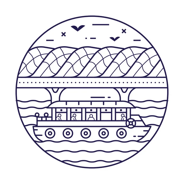 Сингапурский Мост Helix Вдохновил Икону Круга Эмблему Туристической Лодкой Стиле — стоковый вектор