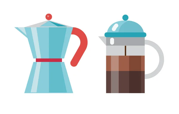 Moka Pot French Press Coffee Maker Icons Flat Brewing Devices —  Vetores de Stock