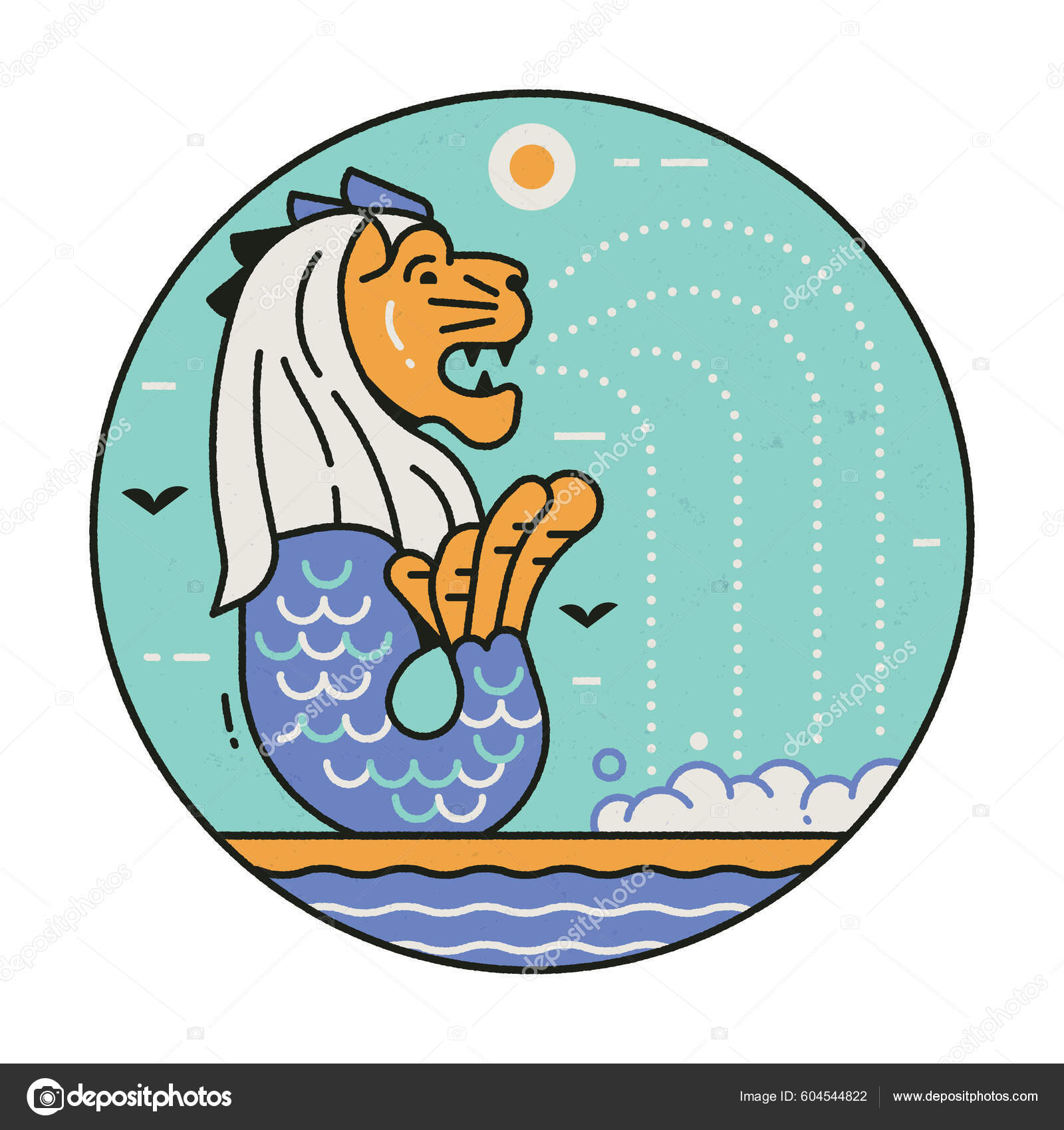 Singapore Lion Fountain Inspired Circle Icon Emblem Line Art Style