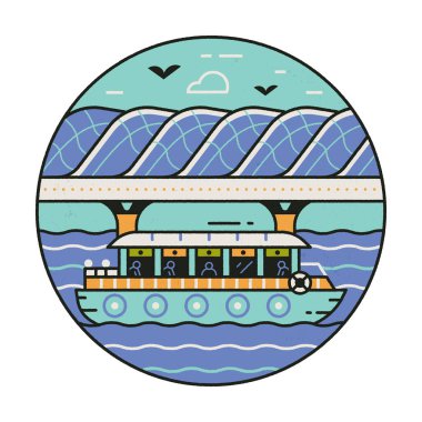 Singapore Helix bridge inspired circle icon or emblem with tourist boat in line art style. Asian modern architectural landmark and famous symbol.