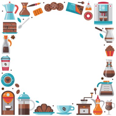 Kahve evi menüsünde pasta ikonları ve mesaj için yer var. Tatlılar, kahve makinesi ve kurabiyeler de dahil olmak üzere boş fotokopi alanı olan kahve temalı kart veya sınır çerçevesi.
