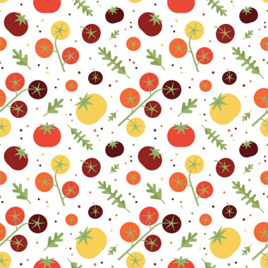 Olgun domates ve roka, organik sebzeler, dikişsiz desen. Sağlıklı vejetaryen yemekleri, kiraz domatesleri ve roket salatası karışımı. Restoran menüsü, baskılar, tekstil ve kumaş tasarımı için biyosebzeler.