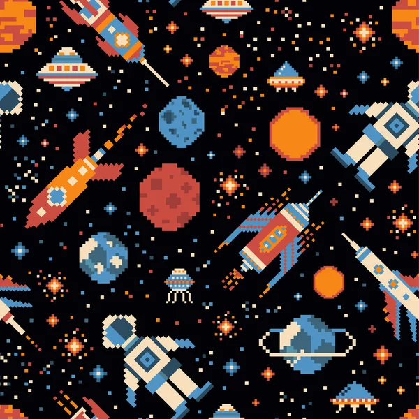 Pixel Arte Aventuras Intergalácticas Patrón Sin Costuras Viajero Espacial Planetas — Vector de stock