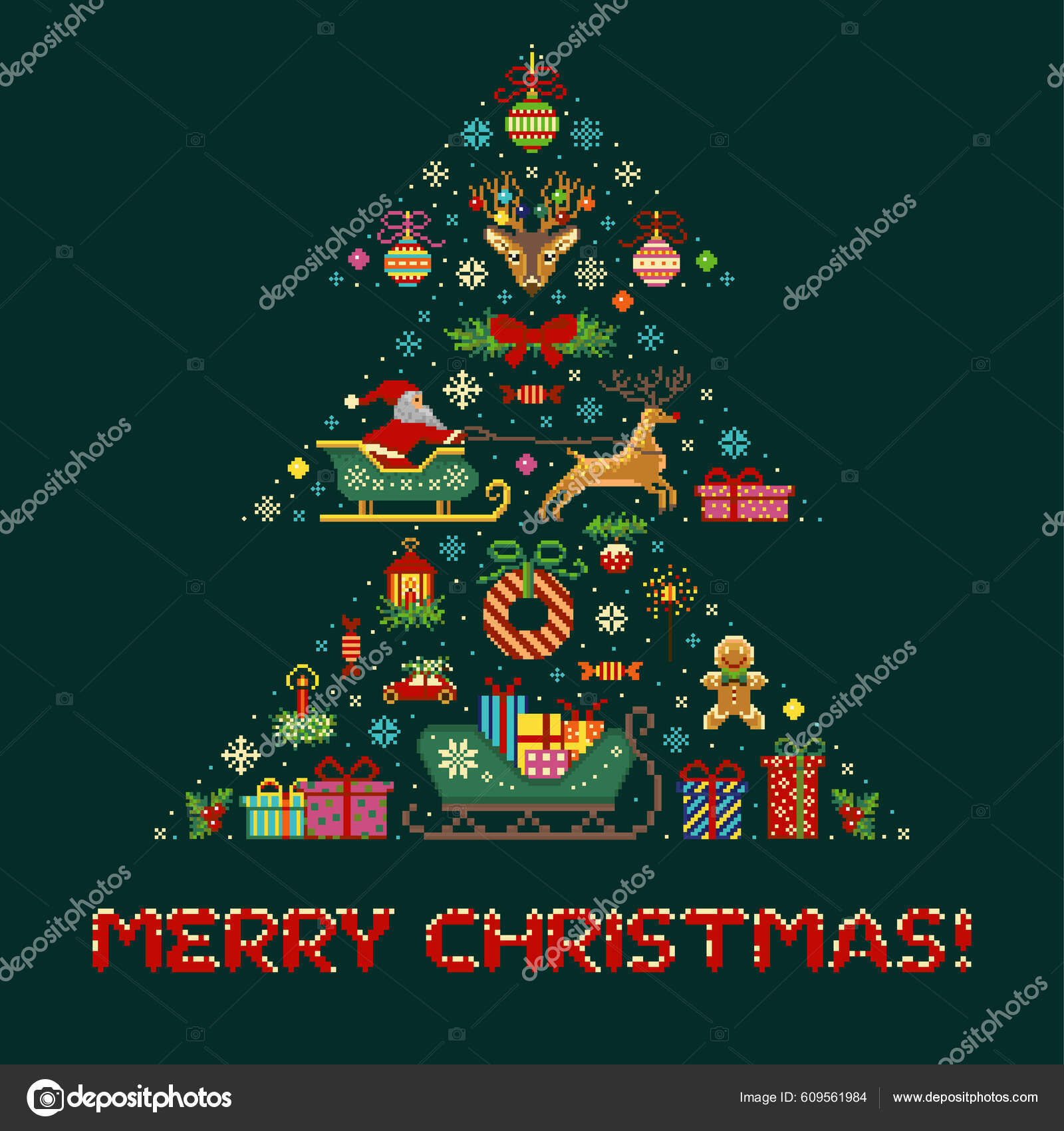 árvore de natal de pixel art, com ícone de vetor de estrelas e