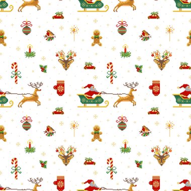 Ren geyiği Noel Baba kızağı ve neşeli topları ve süslemeleri olan geyik kafası olan klasik bir Noel şablonu. Kumaş, tekstil ve hediye ambalajı için piksel sanatı Xmas kusursuz arkaplan.