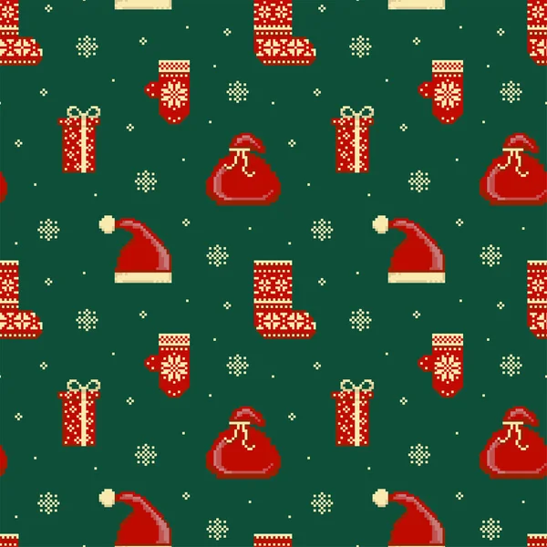 Modèle Noël Vintage Bits Avec Chapeau Père Noël Sac Mitaines — Image vectorielle
