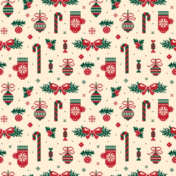 Modèle Noël Vintage Bits Avec Des Mitaines Des Ornements Des — Image vectorielle