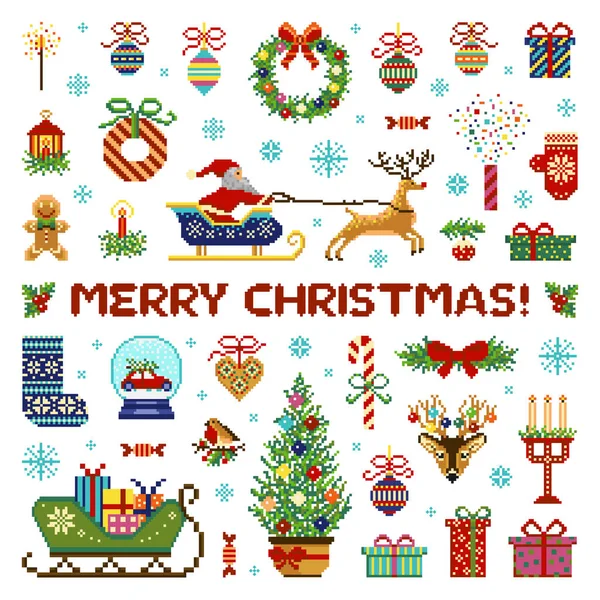 Vintage Bit Merry Christmas Icon Set Festive Xmas Symbols Pixel — Stock Vector