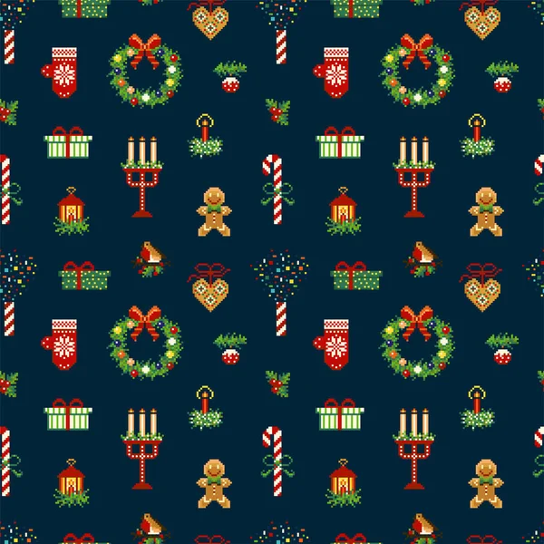 Vintage Bit Christmas Pattern Gingerbread Man Wreath Christmas Cracker Candles — Stock Vector