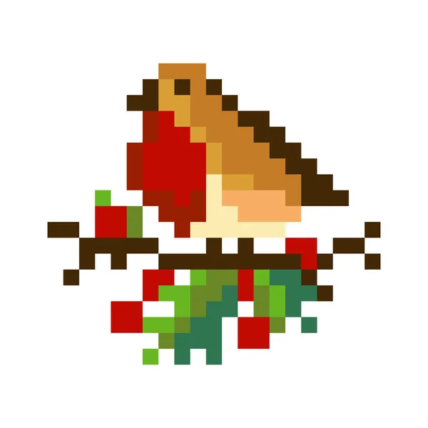 Bit Bullfinch Siting Branch Rowan Пиксельная Икона Рождественской Зимней Птицы — стоковый вектор