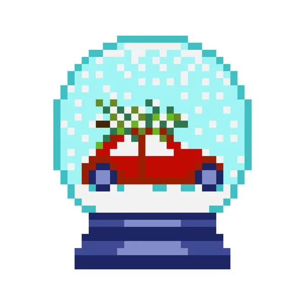 Pixel Art Bola Cristal Con Coche Rojo Que Lleva Árbol — Vector de stock