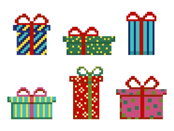 Χριστουγεννιάτικα Κουτιά Δώρου Στολίδια Φιόγκους Και Κορδέλες Pixel Συλλογή Τέχνης — Διανυσματικό Αρχείο