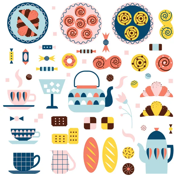 Swedish Fika Coffee Break Set Scandinavian Traditional Pause Hot Drinks — Stock Vector