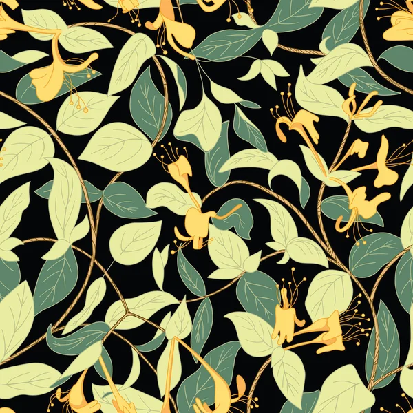 Blooming Honeysuckle Seamless Pattern Dark Background Fashion Wallpapers Print Paper — Vector de stock
